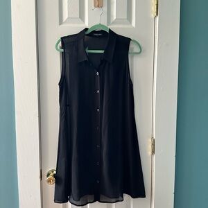 Eileen Fisher Black Silk Sheer Button Down Sleeveless Tunic Blouse Minimalist